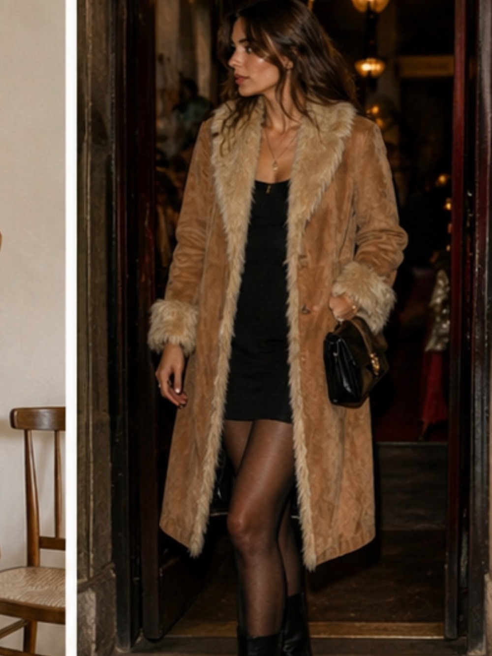 Wilson’s Leather Maxima Tan Suede Longline Coat with Faux Fur Collar